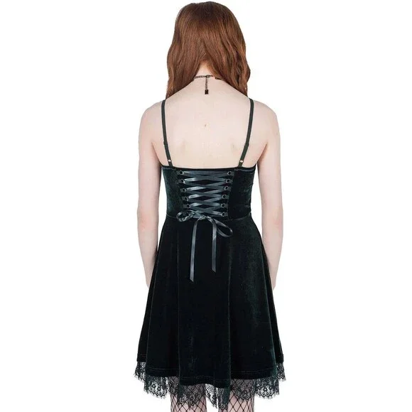 Killstar Moonstruck Velvet Skater Dress M Green - Picture 2 of 11